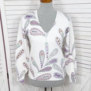 Loft Paisley Raglan V Neck Pullover Sweater White‎ Purple Petite Small